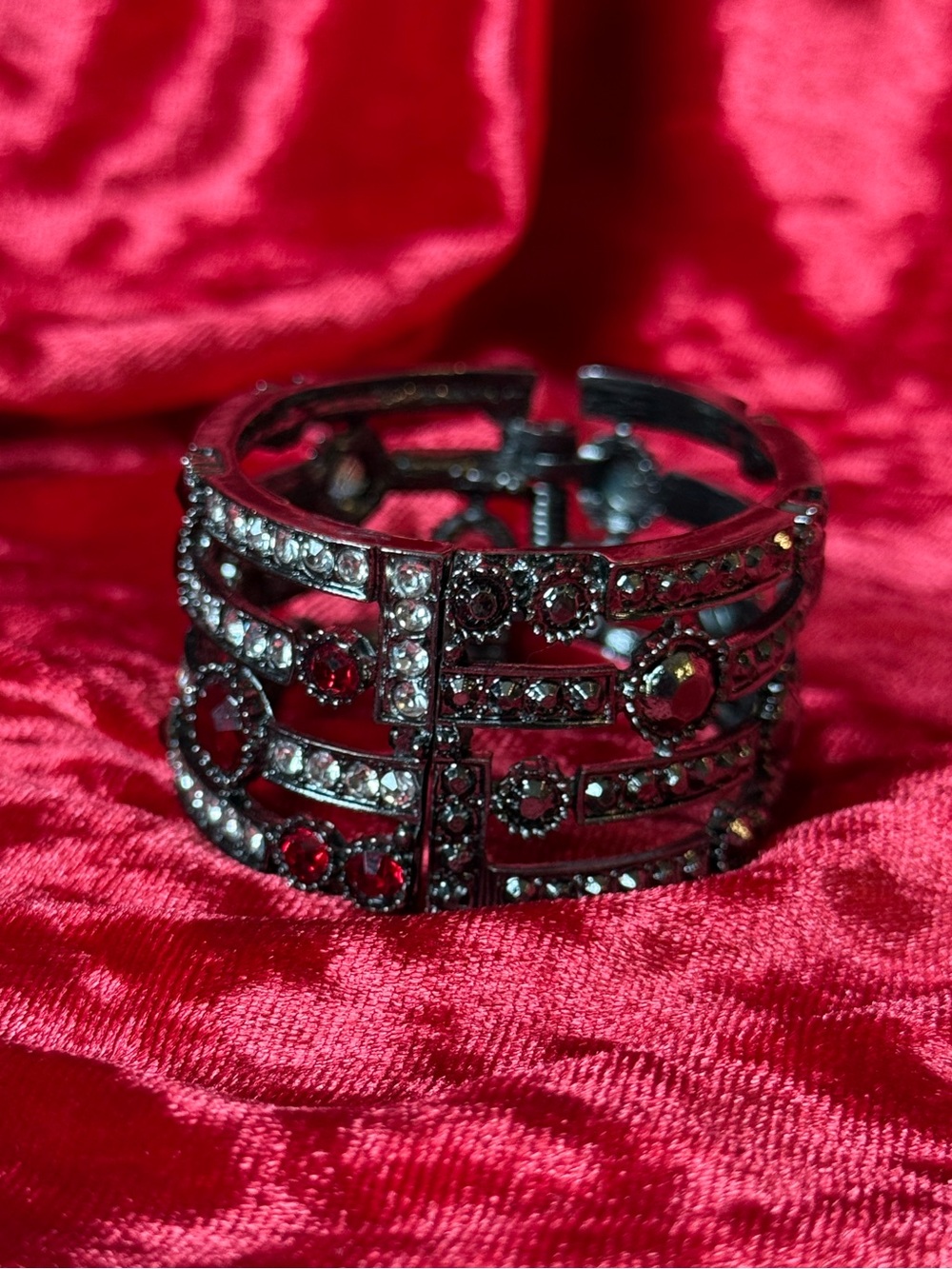 Gothic Gunmetal Red Rhinestone Wide Clamper Hinge Cuff Bracelet
